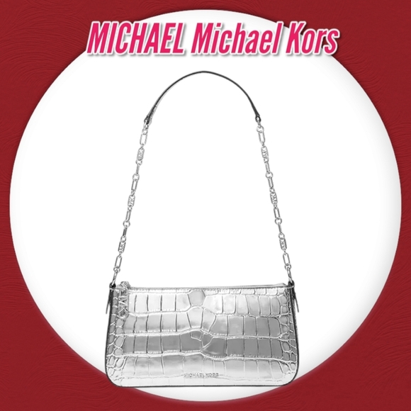Michael Kors Empire Metallic Crocodile Embossed Leather Shoulder Pochette Bag - Picture 2 of 9